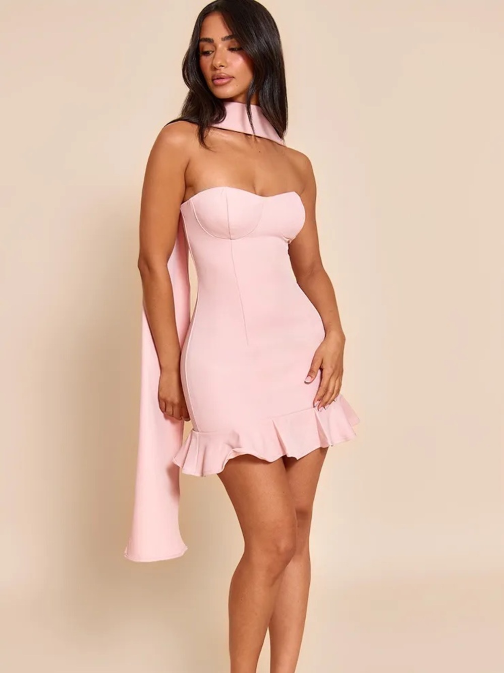 $68 NWT PETITE BLUSH FRILL HEM BODYCON DRESS WITH SCARF DETAIL